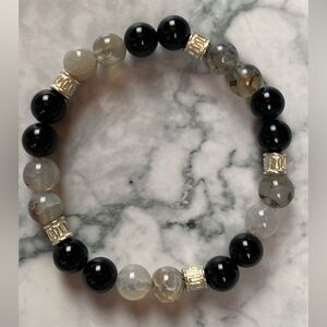 Black Obsidian and White Dragon Vein Agate Beaded Stretch Bracelet